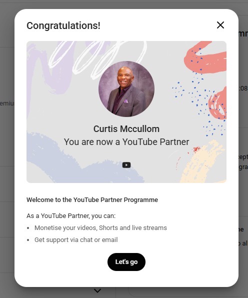 Curtis Mccullom YouTube Partner confirmation