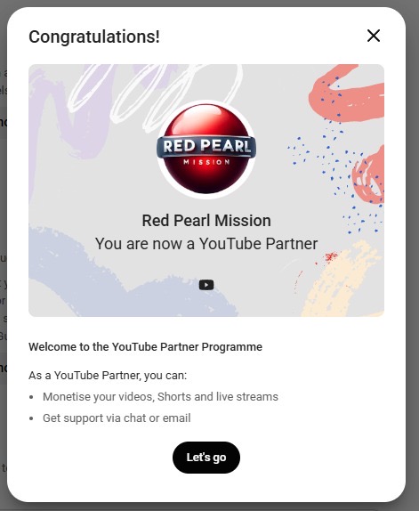 Red Pearl Mission YouTube Partner confirmation